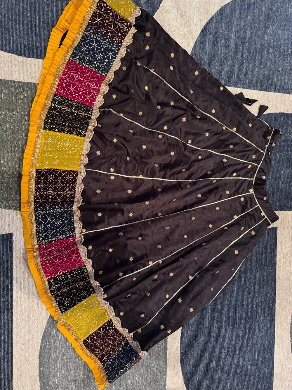 Embroidered Black & Multicolor Panel A-Line Skirt